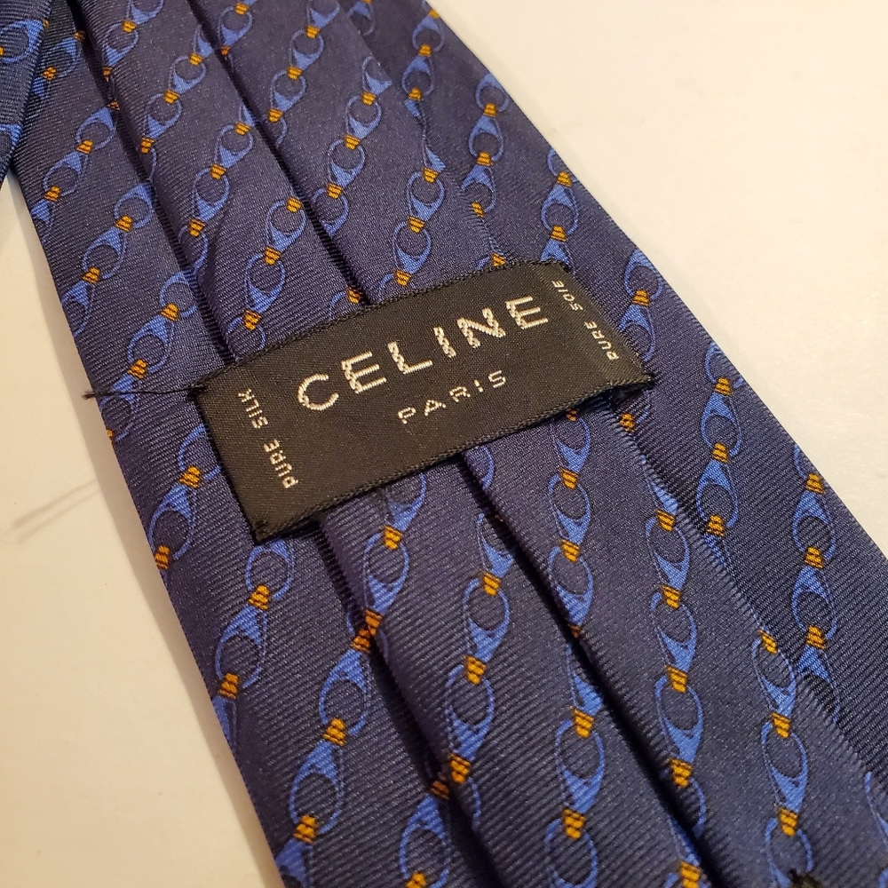 Celine Paris Necktie Blue Geometric Pattern Silk Neck Tie - Picture 4 of 6